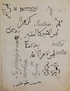 Kalligraphieübungen Salomon Negris auf Latein, Arabisch, Persisch, und in Hebräischer Schrift